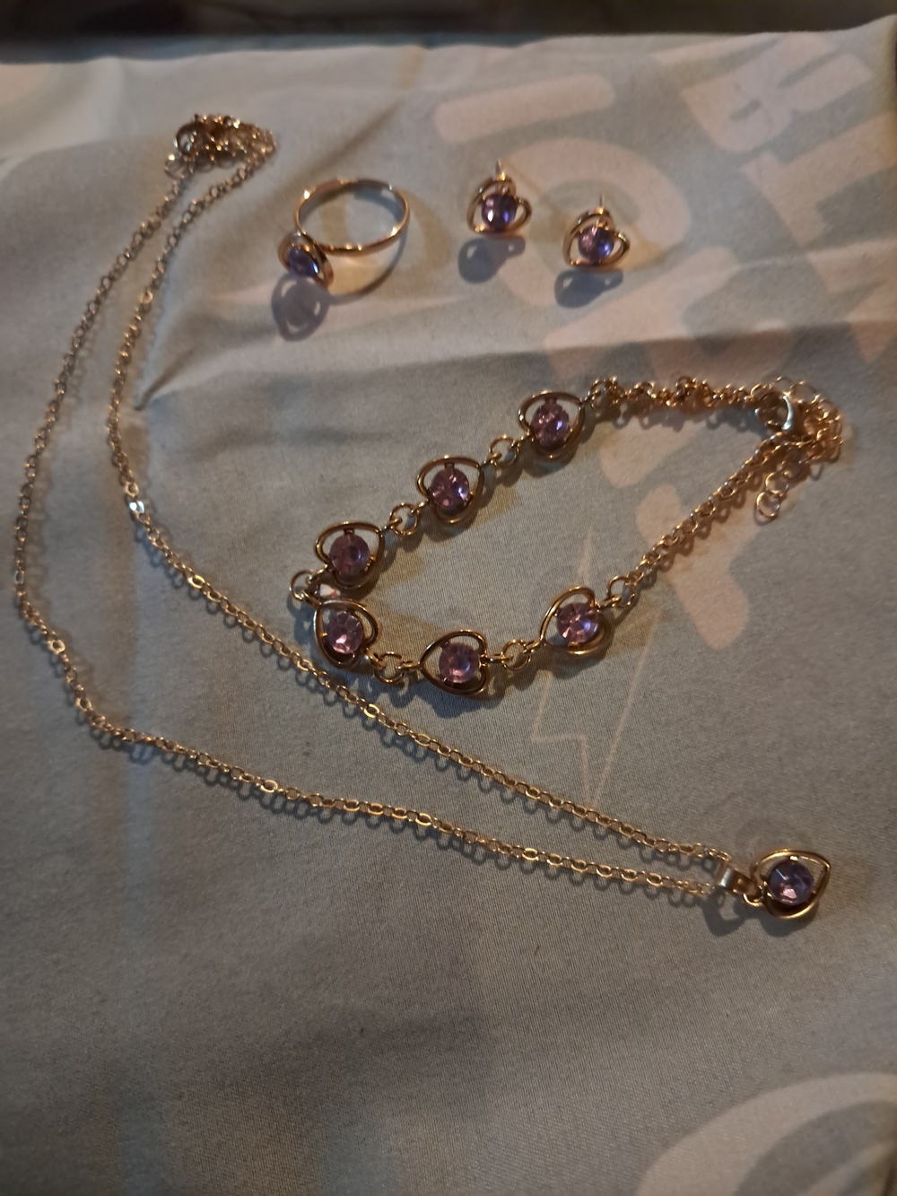 Gold-Tone Purple Crystal Jewelry Set - Necklace, Bracelet, Ring & Earrings